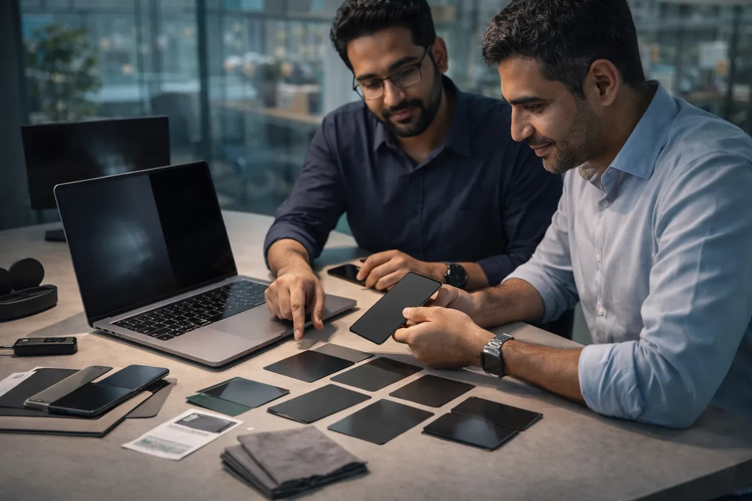 Business partners reviewing Pxin screen protection samples