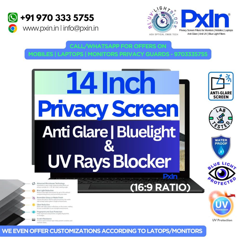 17.3 inch (16:10) Laptop - Pro Privacy Screen Guard | Anti Glare | Anti Blue Light | UV(A/B/C) Block | PXIN - Image 1
