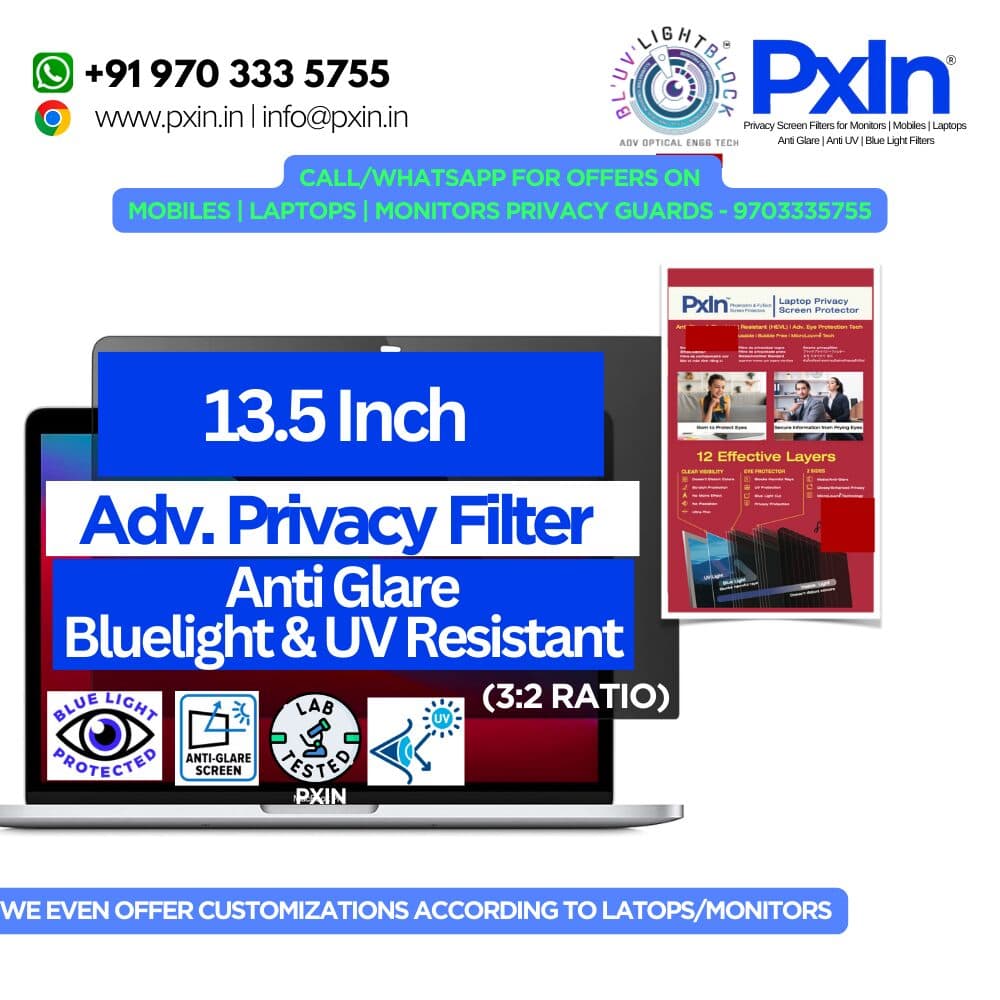 13.4 inch (16:10) Laptop - Pro Privacy Screen Guard | Anti Glare | Anti Blue Light | UV(A/B/C) Block | PXIN - Image 1