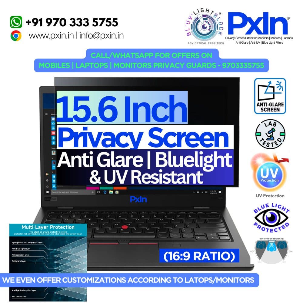 15.4 inch (16:10) Laptop - Pro Privacy Screen Guard | Anti Glare | Anti Blue Light | UV(A/B/C) Block | PXIN - Image 1