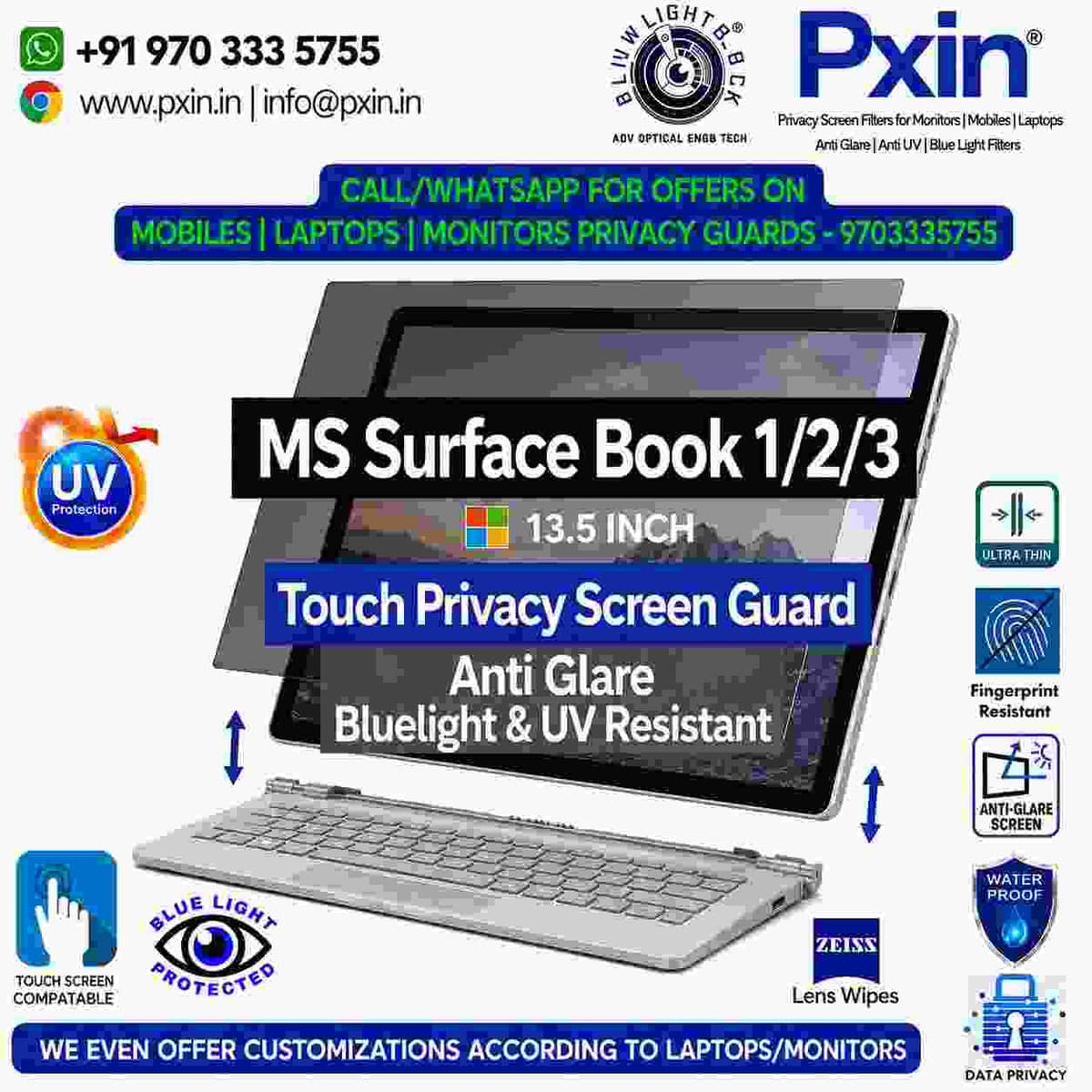 Surface Book 1/2/3 13.5 inch Privacy (Anti Blue Light & Anti Glare) Screen Guard | Touch Sensitive - Image 1