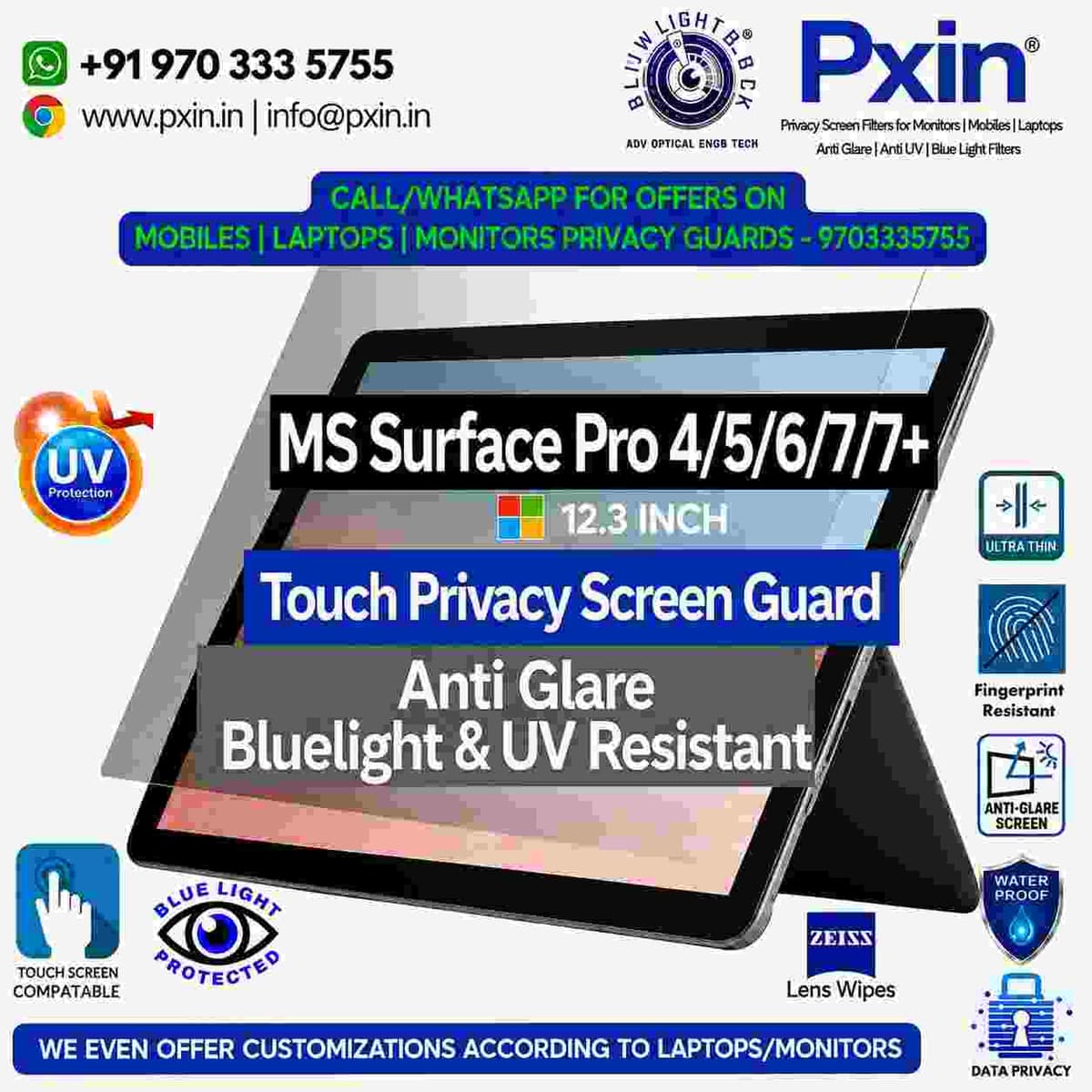 Surface Pro 4/5/6/7/7+ 12.3 inch Privacy (Anti Blue Light & Anti Glare) Screen Guard | Touch Sensitive - Image 1
