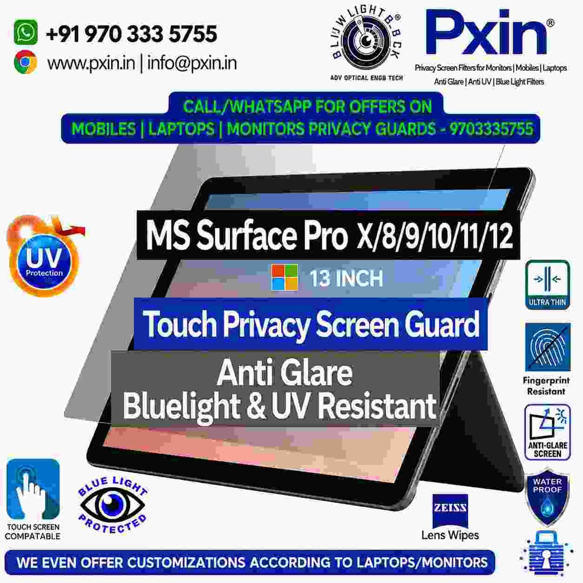 Surface Pro X/8/9/10/11/12 13 inch Privacy (Anti Blue Light & Anti Glare) Screen Guard | Touch Sensitive - Image 1