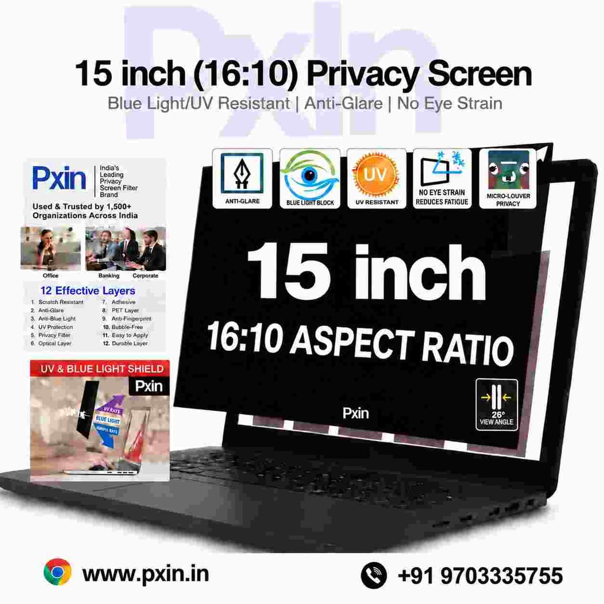 15 Inch (16:10) Laptop Pro Privacy (Anti Blue Light & Anti Glare) Screen Guard - Image 1