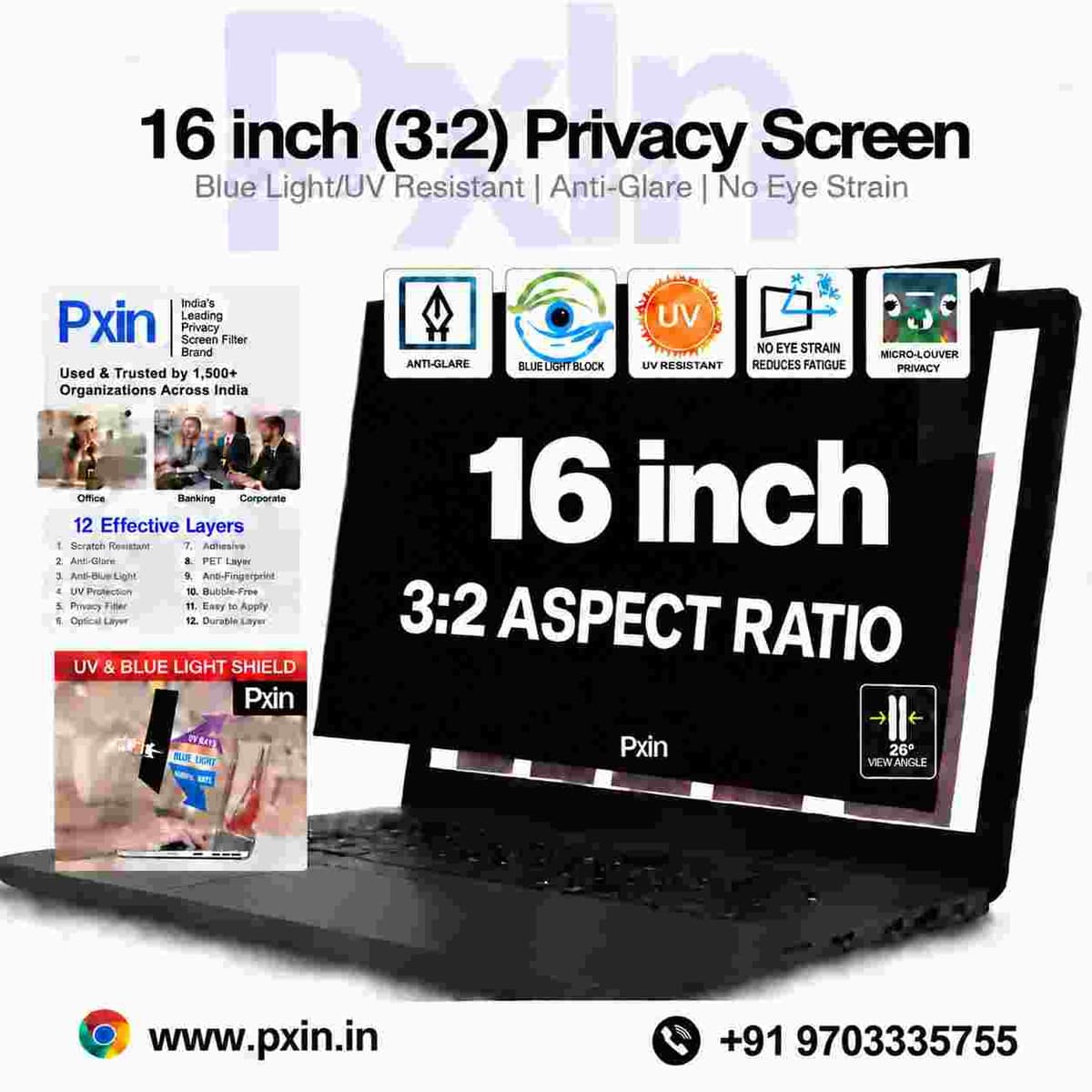 16 Inch (3:2) Laptop Pro Privacy (Anti Blue Light & Anti Glare) Screen Guard - Image 1