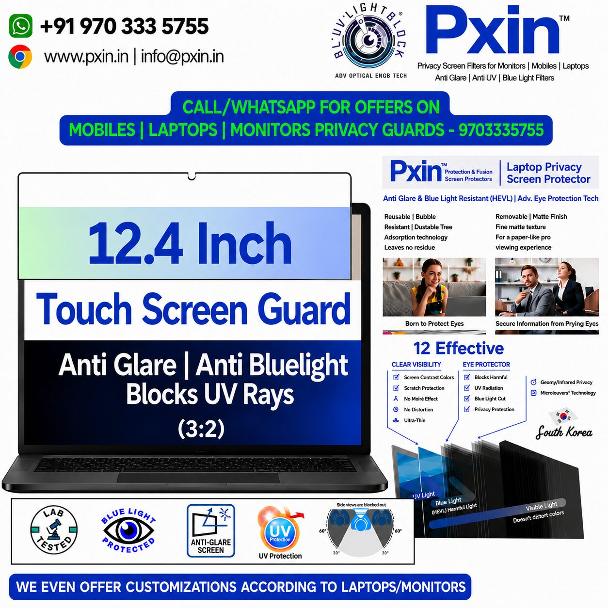 12.4 inch Antiglare Antiblue Touch privacy screen guard