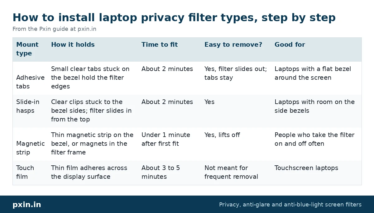 How to install laptop privacy filter types, step by step: table from the Pxin guide at pxin.in