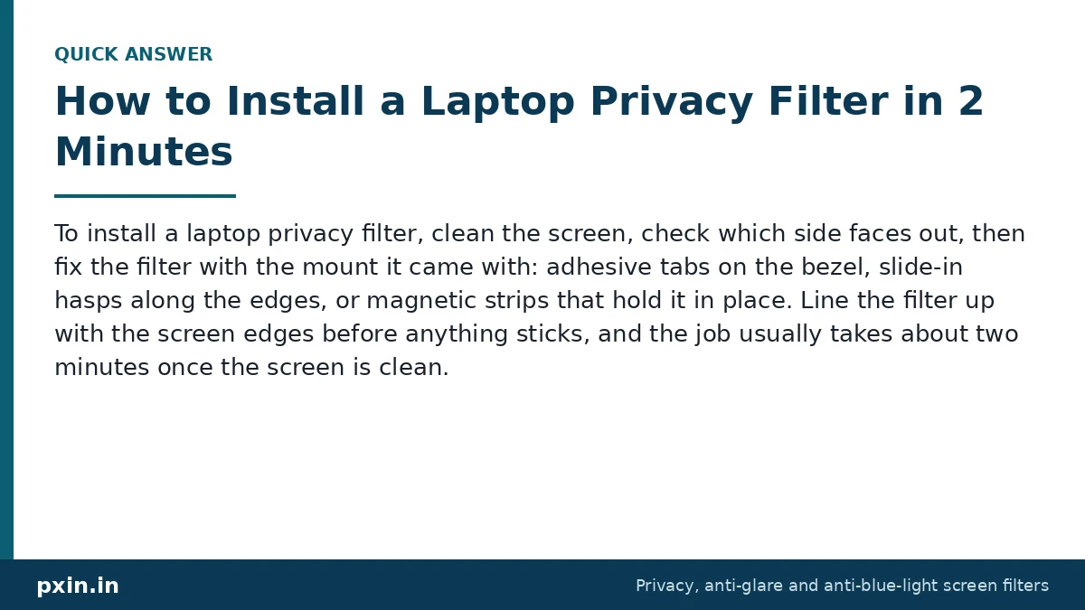 Quick answer card: How to Install a Laptop Privacy Filter in 2 Minutes. Pxin guide summary.