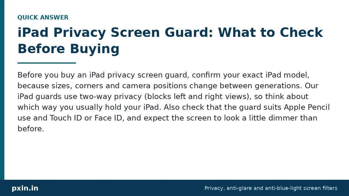 Quick answer card: iPad Privacy Screen Guard: What to Check Before Buying. Pxin guide summary.