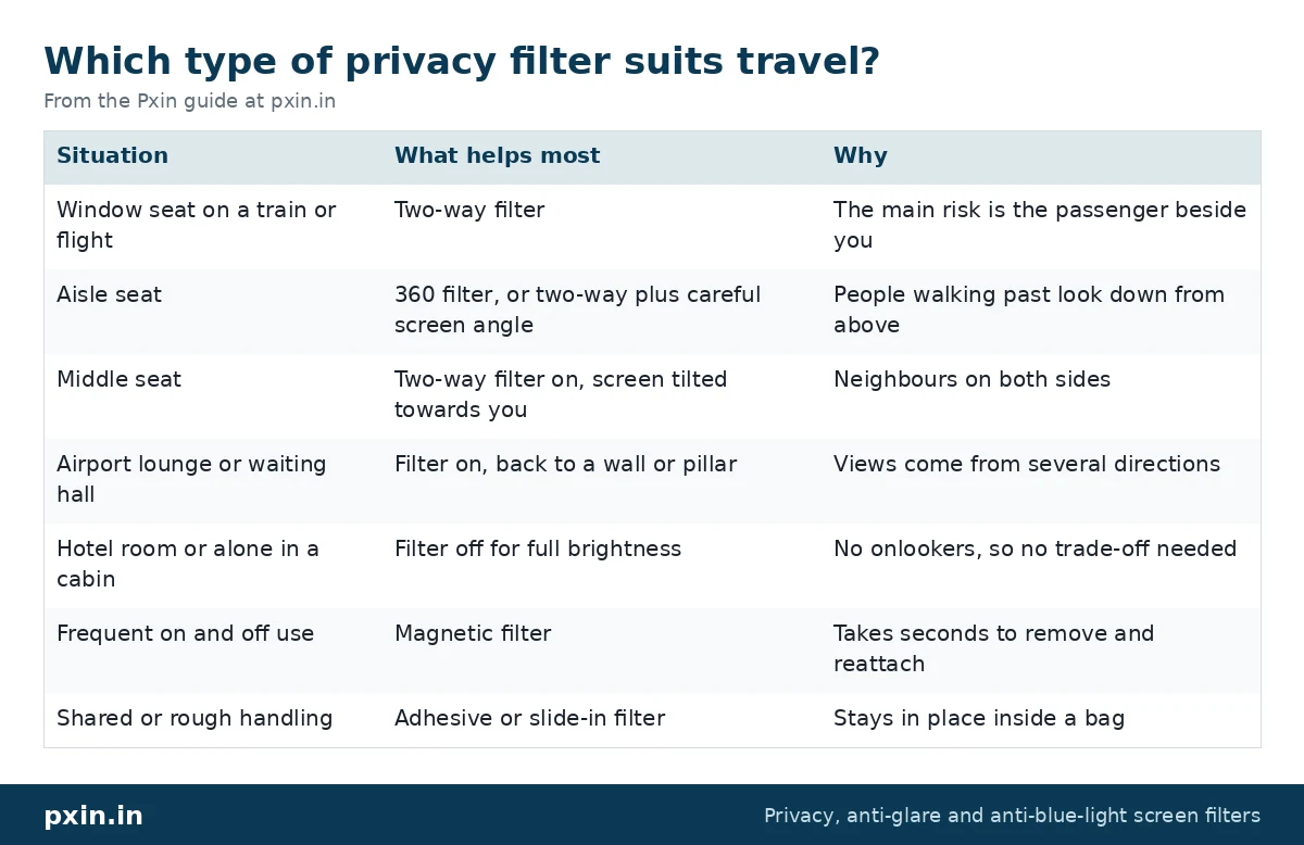 Which type of privacy filter suits travel?: table from the Pxin guide at pxin.in