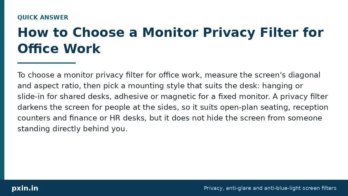 Quick answer card: How to Choose a Monitor Privacy Filter for Office Work. Pxin guide summary.