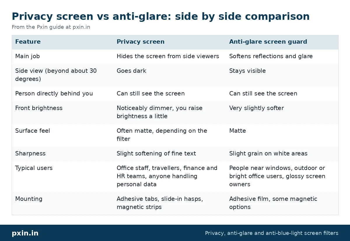 Privacy screen vs anti-glare: side by side comparison: table from the Pxin guide at pxin.in